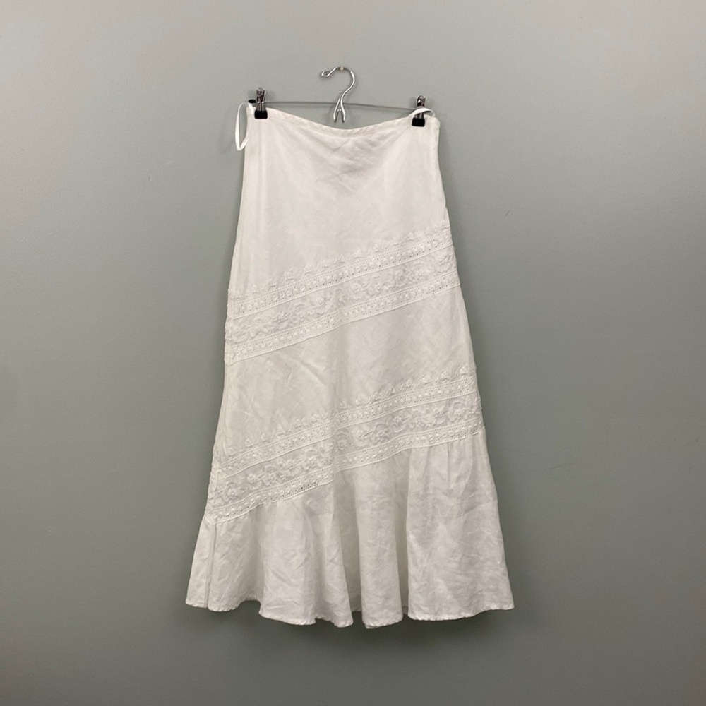 Kenar 100% Linen White Size 10 embroidered beaded Maxi skirt.